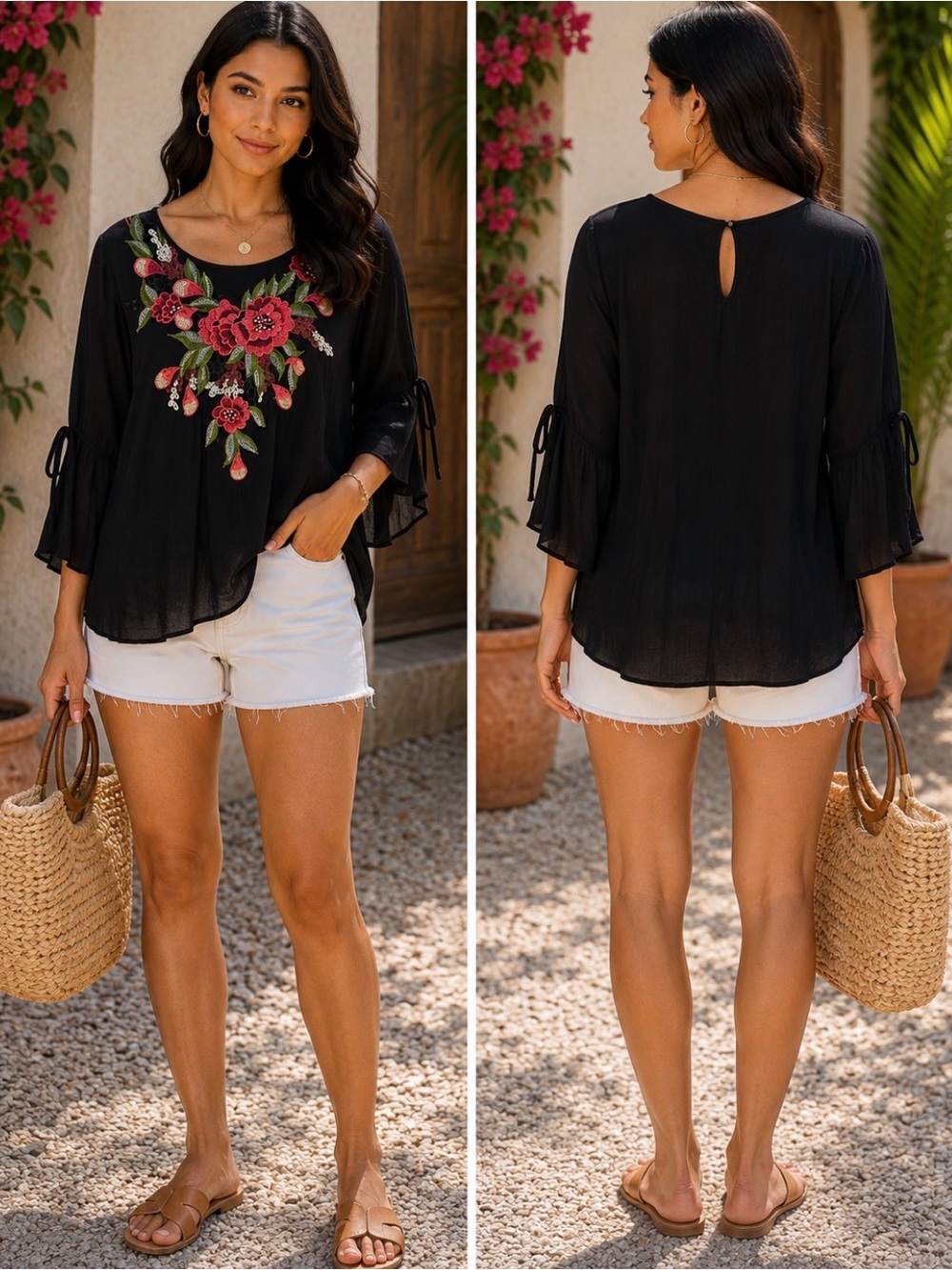 Cirana Black Embroidered Floral Boho Blouse Large